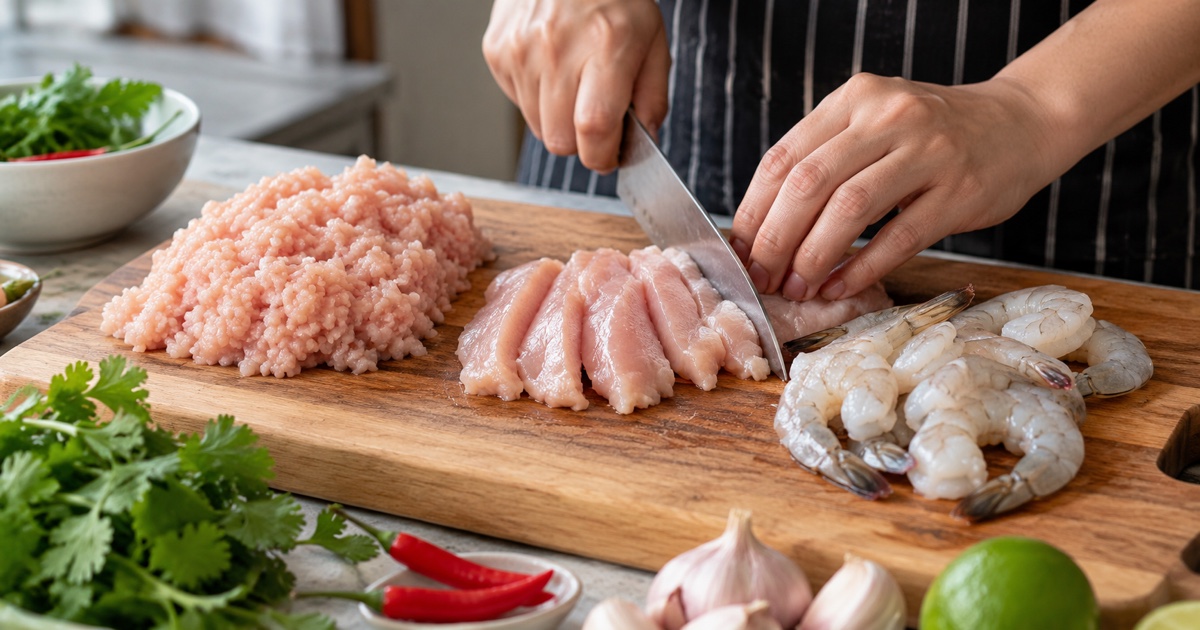 Raw preparation board featuring separate neat portions of minced chicken, sliced chicken and whole peeled prawns, clean kitchen