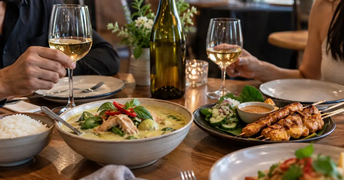 BYO dining concept: plain unlabelled wine bottle beside two glasses and Thai green curry and satay on a restaurant table