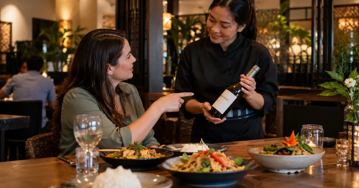 Adult diner discussing an unlabelled bottle with restaurant staff beside a Thai dinner table, generic restaurant