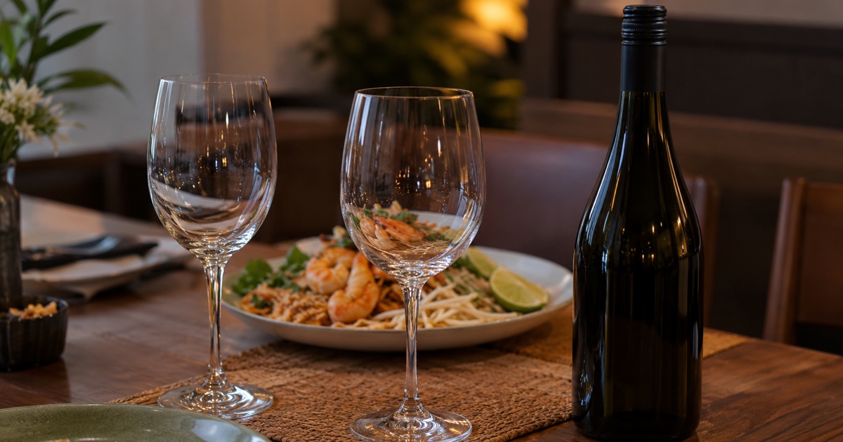 Close-up two empty wine glasses and unopened unlabelled bottle, prawn Pad Thai softly visible behind