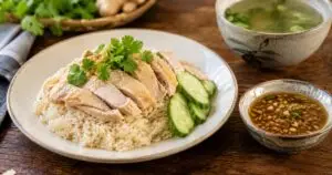 Classic Thai street-food khao man gai: sliced poached chicken over fragrant rice, cucumber, ginger sauce and clear broth; generic Thai culinary illustration not a restaurant menu claim