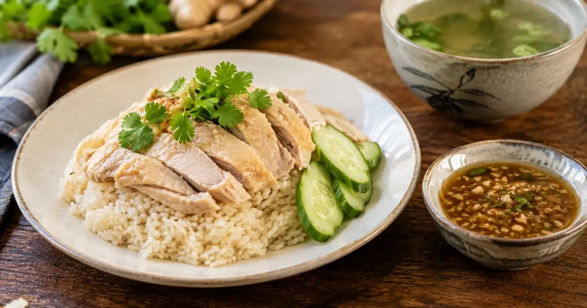 Classic Thai street-food khao man gai: sliced poached chicken over fragrant rice, cucumber, ginger sauce and clear broth; generic Thai culinary illustration not a restaurant menu claim