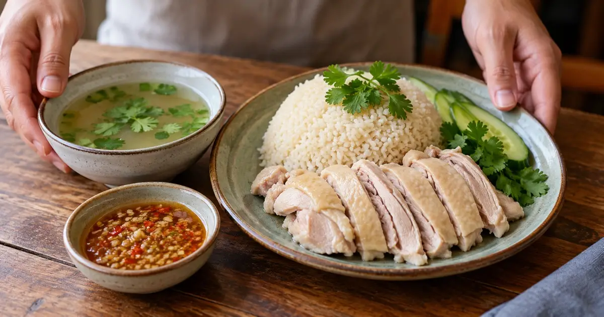 Close-up separate bowls of clear chicken broth and ginger chilli dipping sauce beside khao man gai rice and sliced chicken; generic culinary education