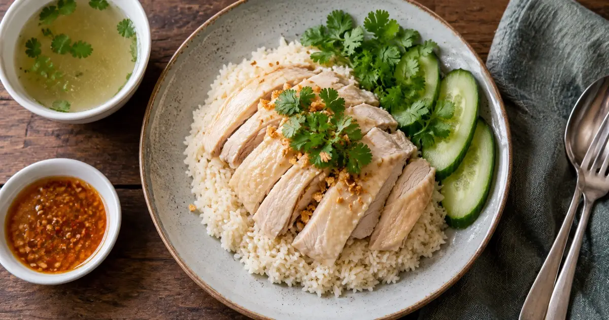 Overhead khao man gai plate with sliced poached chicken cucumber coriander fragrant rice, separate broth and sauce; generic food illustration