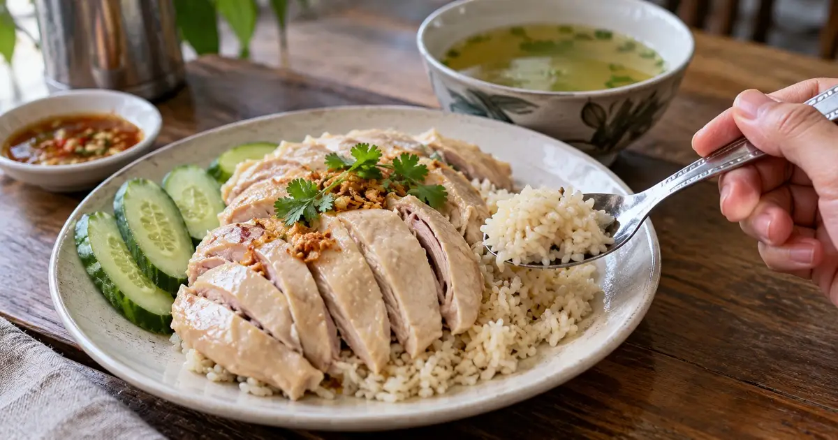 Spoon scooping fragrant chicken rice beside neatly sliced poached chicken and cucumber, clear broth behind; generic Thai street-food education