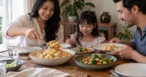 Family at home dividing Thai fried rice and mild vegetable stir fry onto separate adult and child plates, realistic food portions