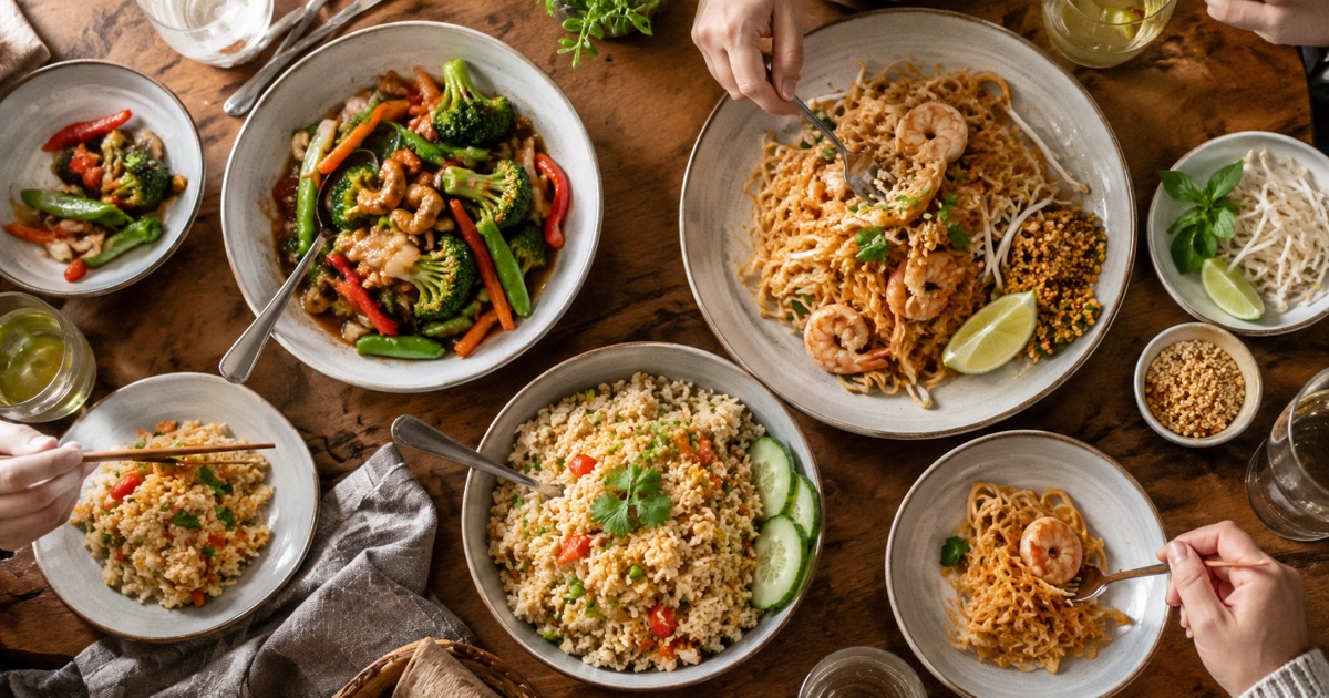Overhead shared Thai takeaway dinner with separate small plates, fried rice Pad Thai and vegetable stir fry
