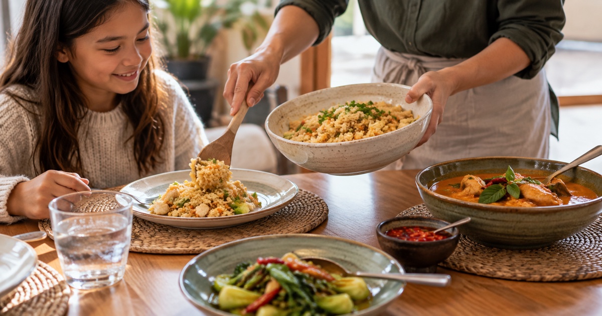Parent serving mild chicken fried rice while older child sits at table, hot curry and chilli kept aside for adults